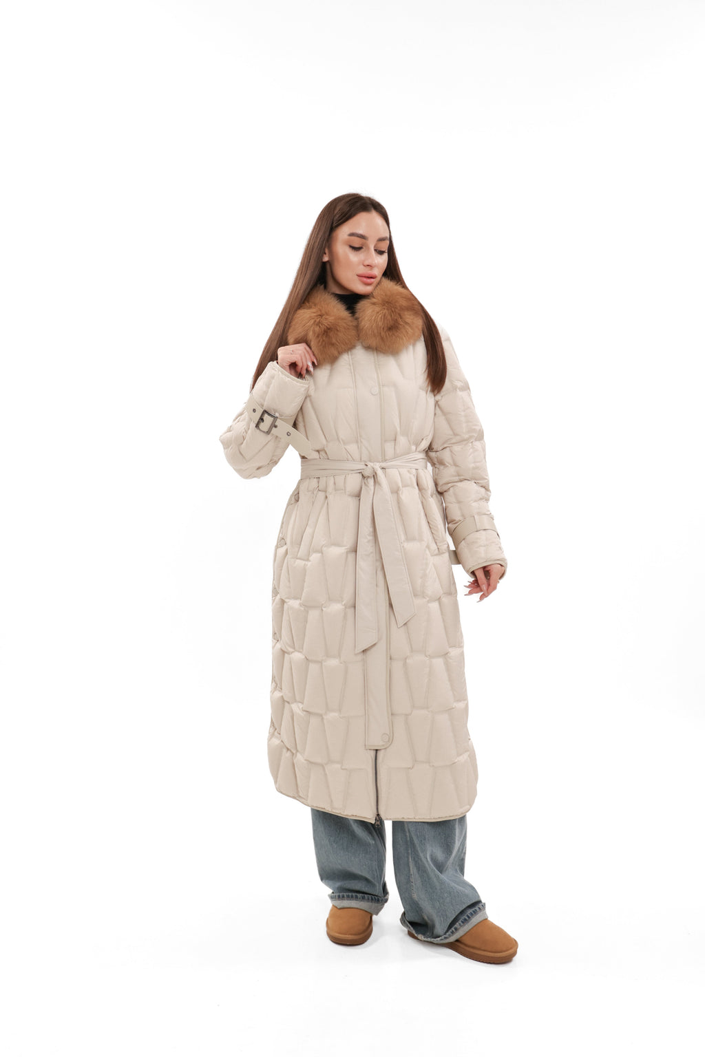 Riley Genuine Fur Trim Down Fill Coat in Ivory