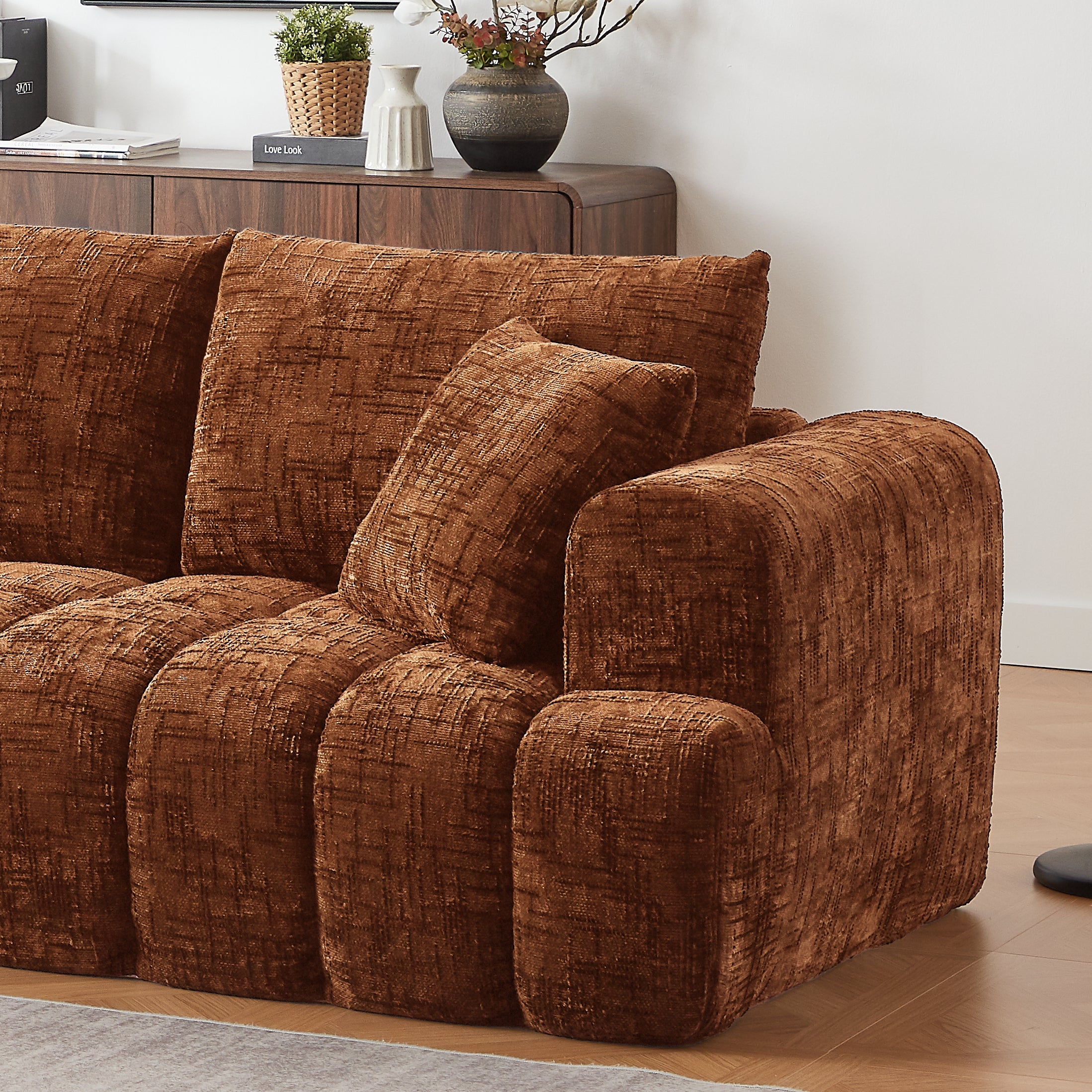 Sectional Sofa L-Shape Chenille Orange 4 Seat 108 In No Assembly