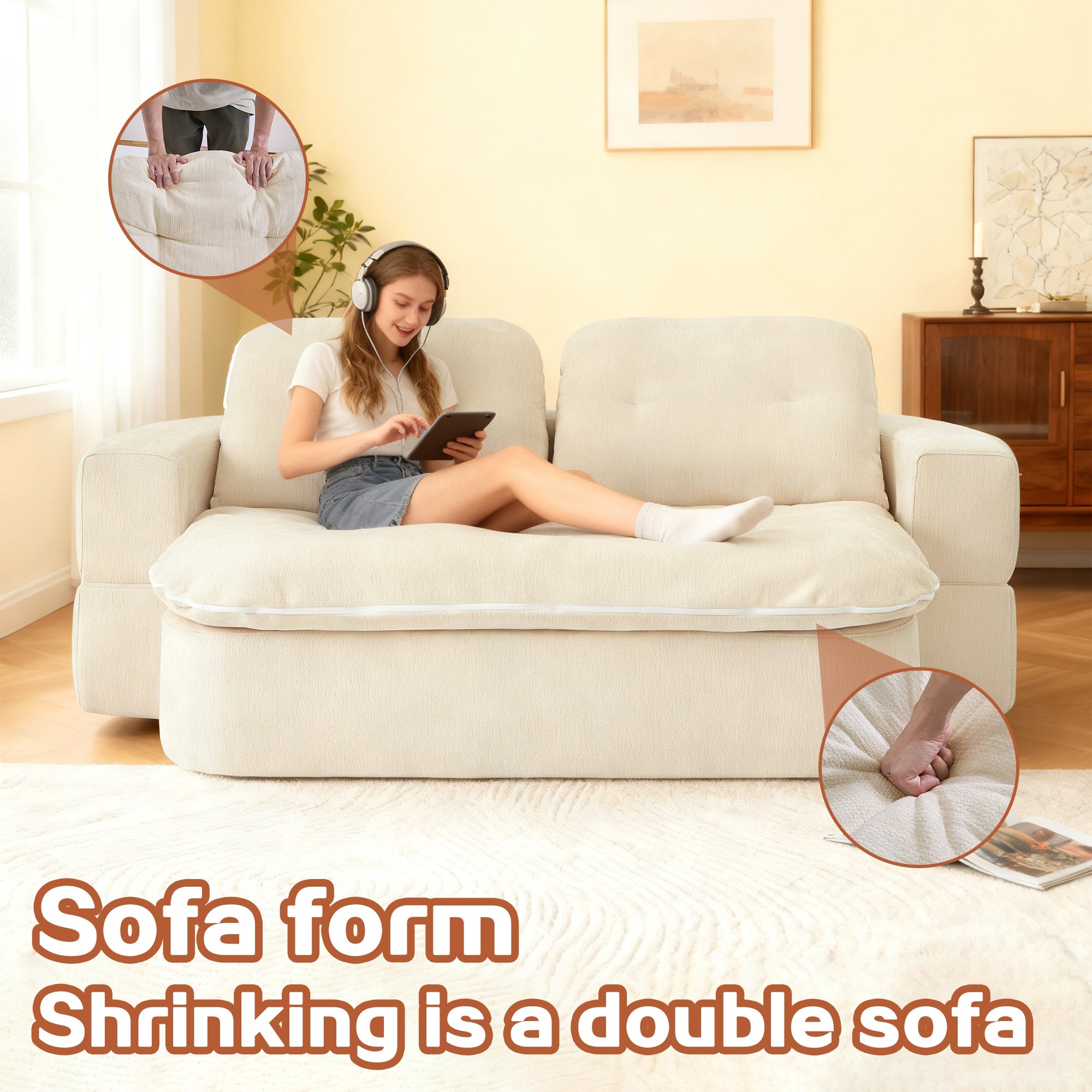 Sofa Bed Floor Modern Chenille Cream No Assembly 2 Pillows 78.7 In