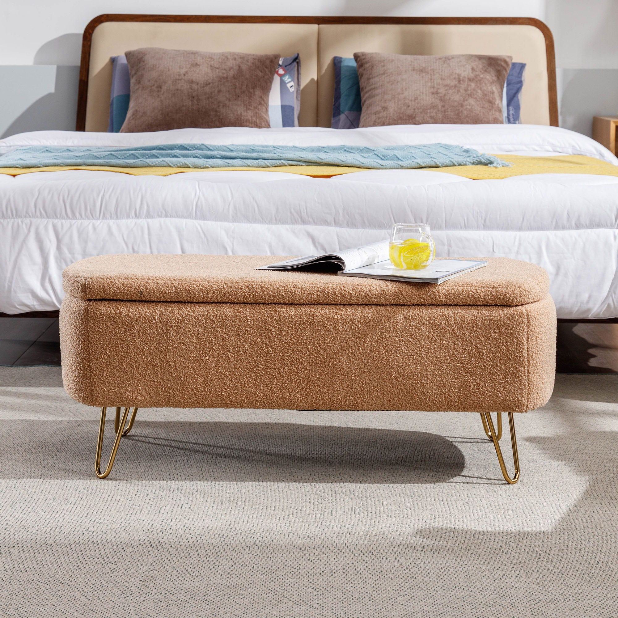 Storage Ottoman Bench For End Of Bed Legs, Modern Camel Faux Fur Entryway Bench Upholstered Padded With Storage For Living Room Bedroom