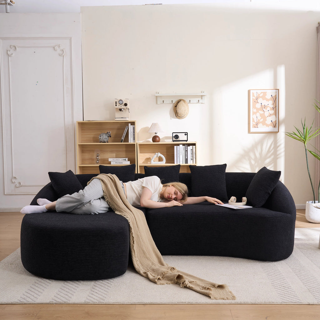 Sectional Sofa L-Shape Curved Chaise Chenille Black 5 Seat 106 In
