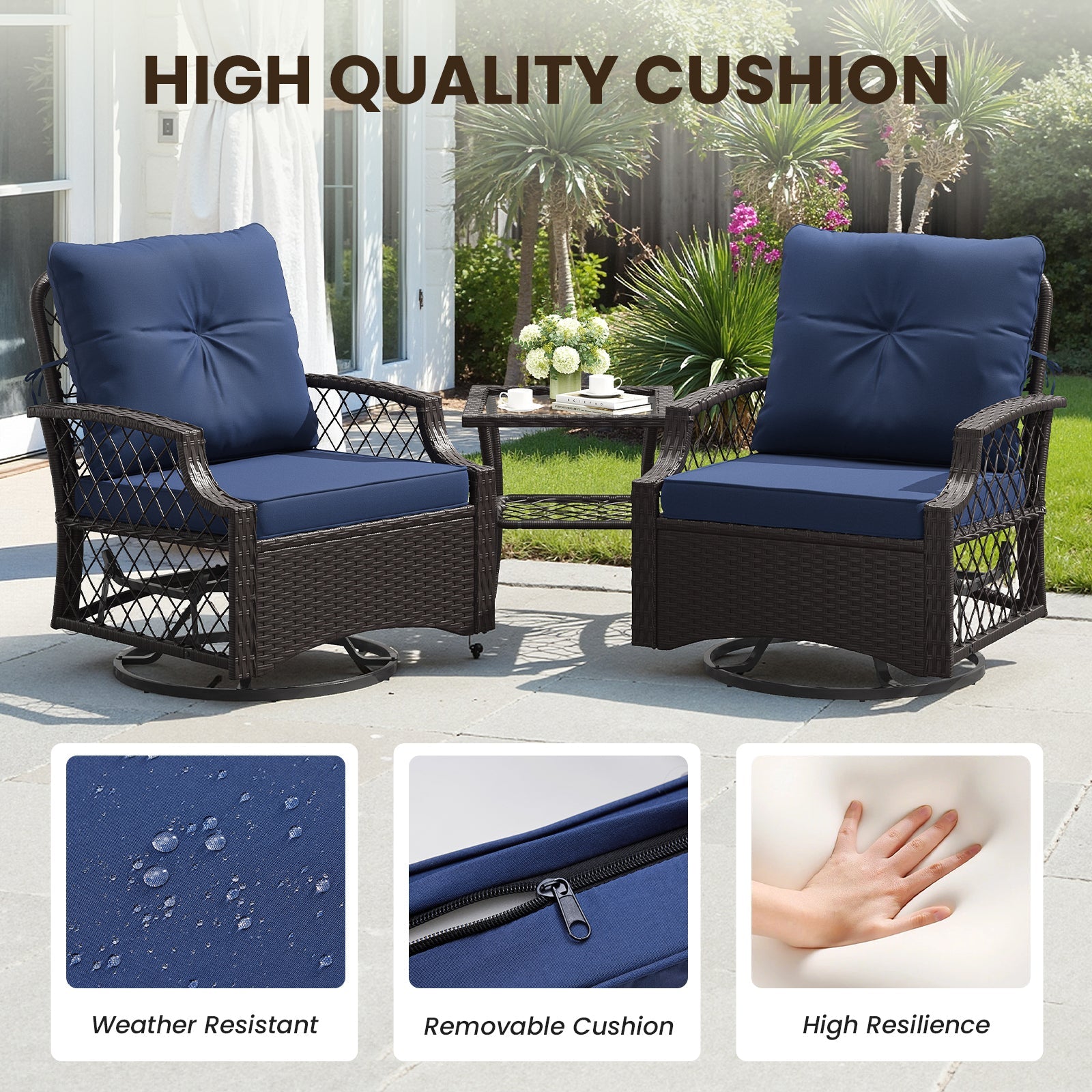 Outdoor Bistro Set Wicker Swivel Glider Navy 3-Piece