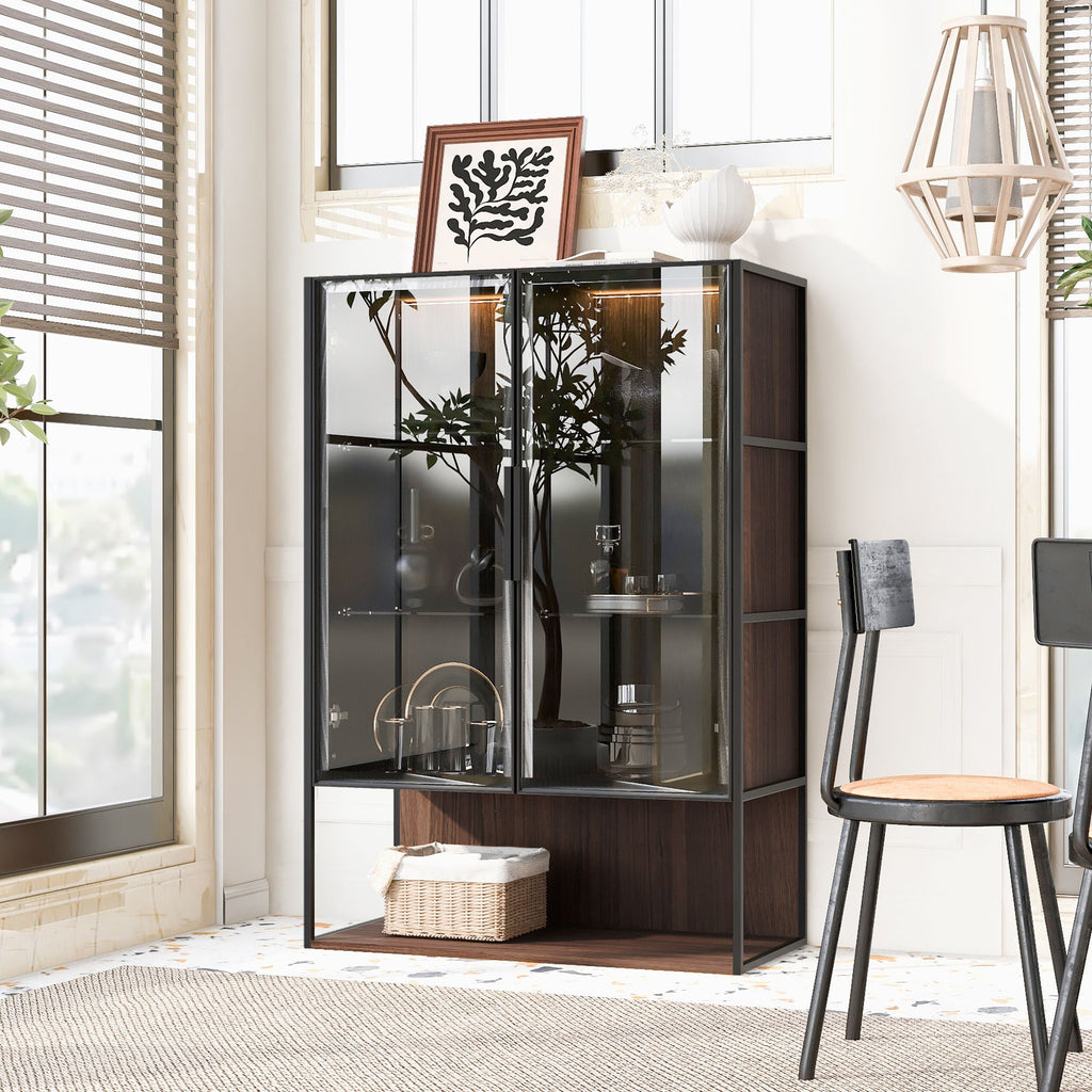Modern Minimalist Tall Lighted Display Cabinet With Tempered Glass Door - Black / Dark Walnut