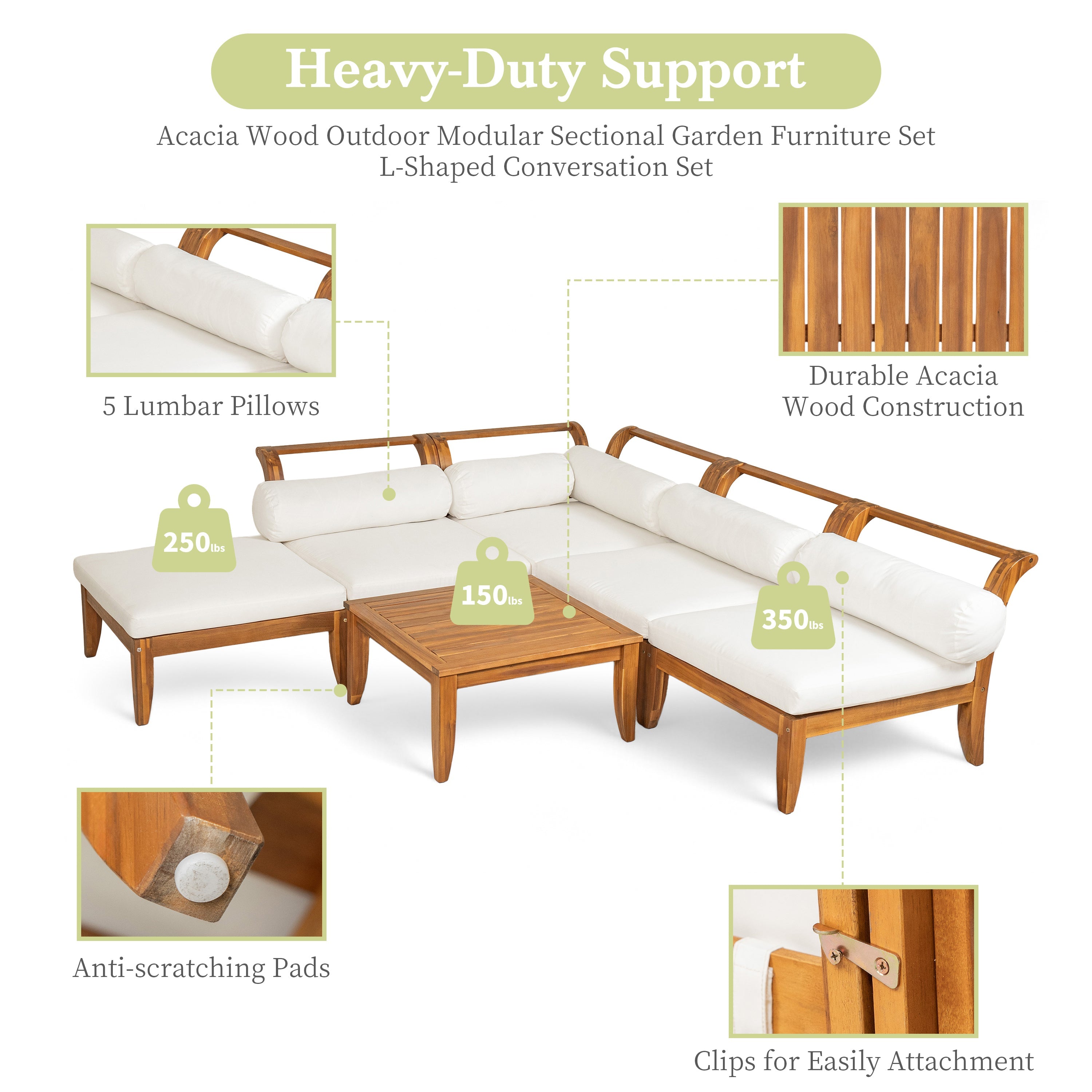 Outdoor Patio Set L-Shape Acacia Wood Teak Beige Cushions 6 Piece