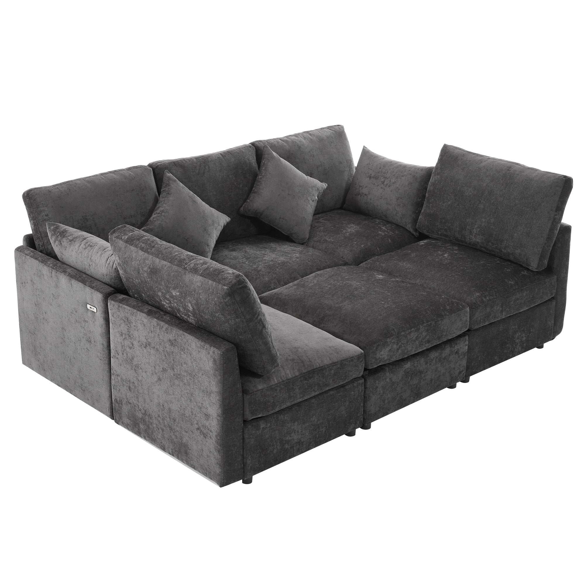 Sectional Sofa U-Shape Modular Chenille Black 5-Seat USB Ports 86.6x61.4 In