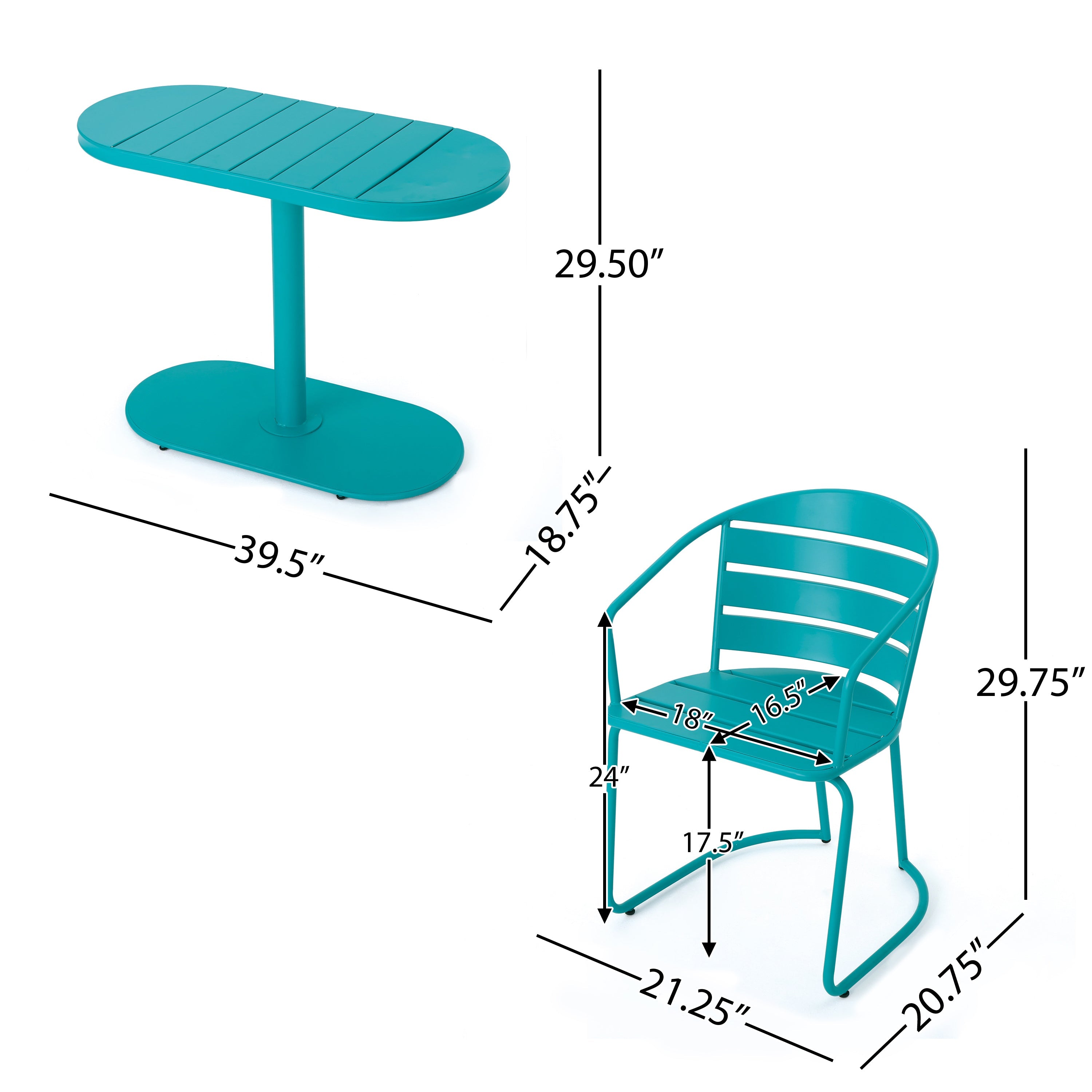 Outdoor Bistro Set Iron Teal 3 Piece Oval Table 2 Chairs Matte Finish
