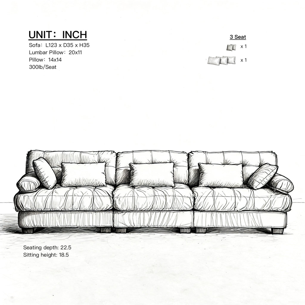 Sectional Sofa Cloud Modular Flannelette Beige 3 Seat 123 In 5 Pillows