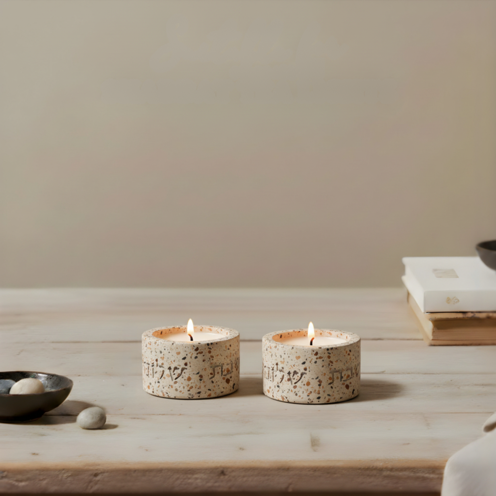 Candleholder designed for Shabbat made of rich terrazzo in luxurious colors, with "Shabbat Shalom" engraving - Terrazzo