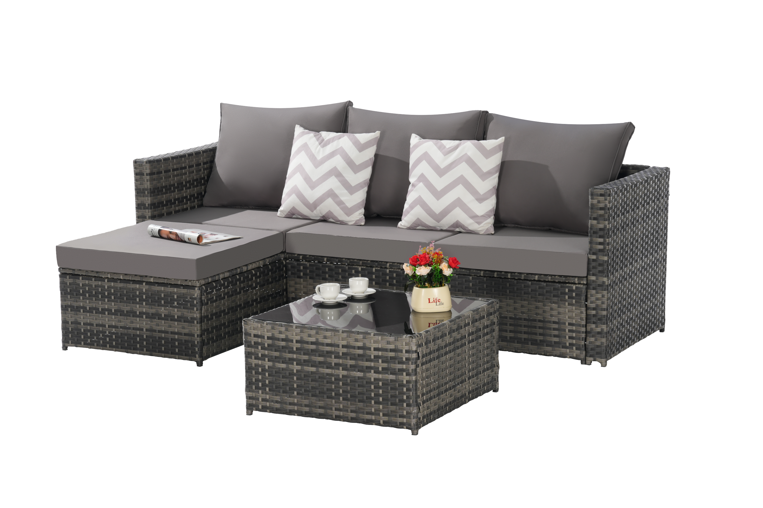 Outdoor Patio Set PE Rattan Metal Dark Gray 3 Piece Ottoman Table