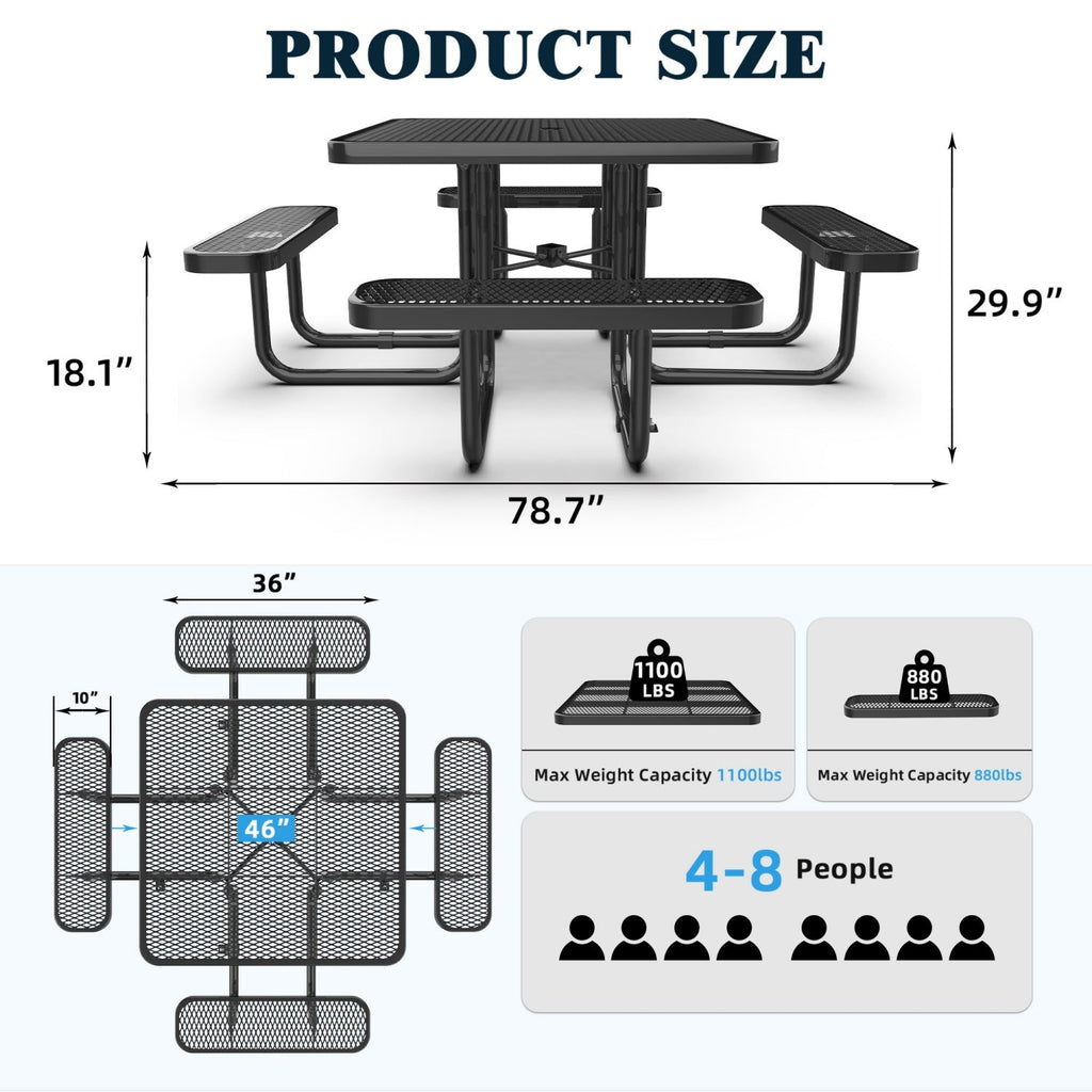 46" Square Picnic Table With Umbrella Hole
