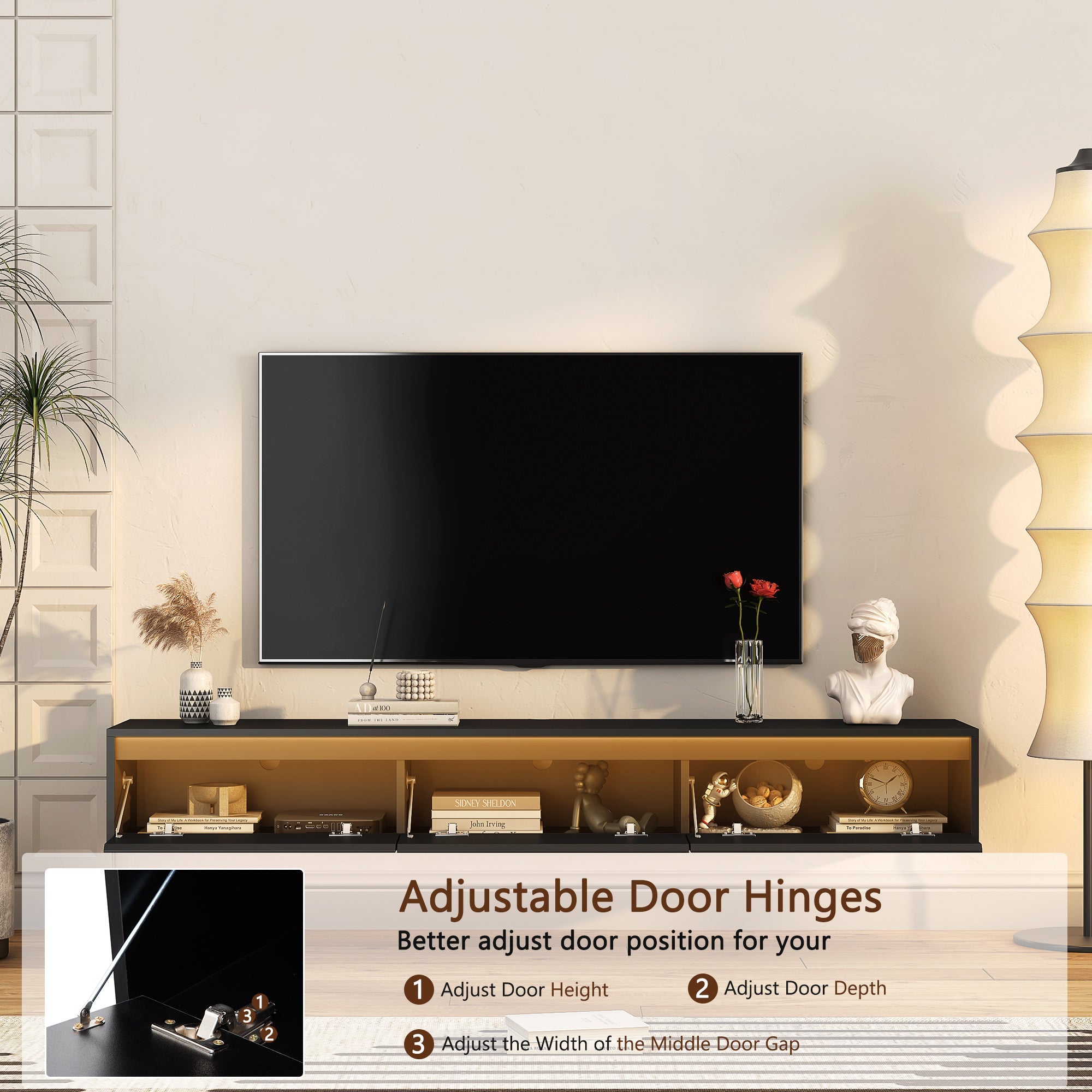 TV Stand Wall-Mounted Floating LED Black MDF 3 AC 2 USB Fits 65 In TV