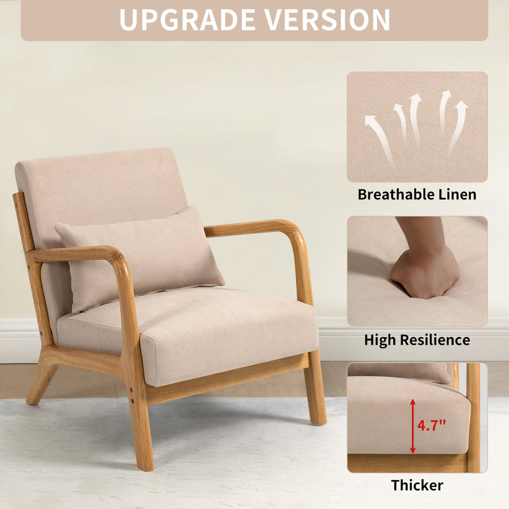 Accent Chair Mid-Century Linen Beige Solid Wood Arms and Legs 23x30x30 In