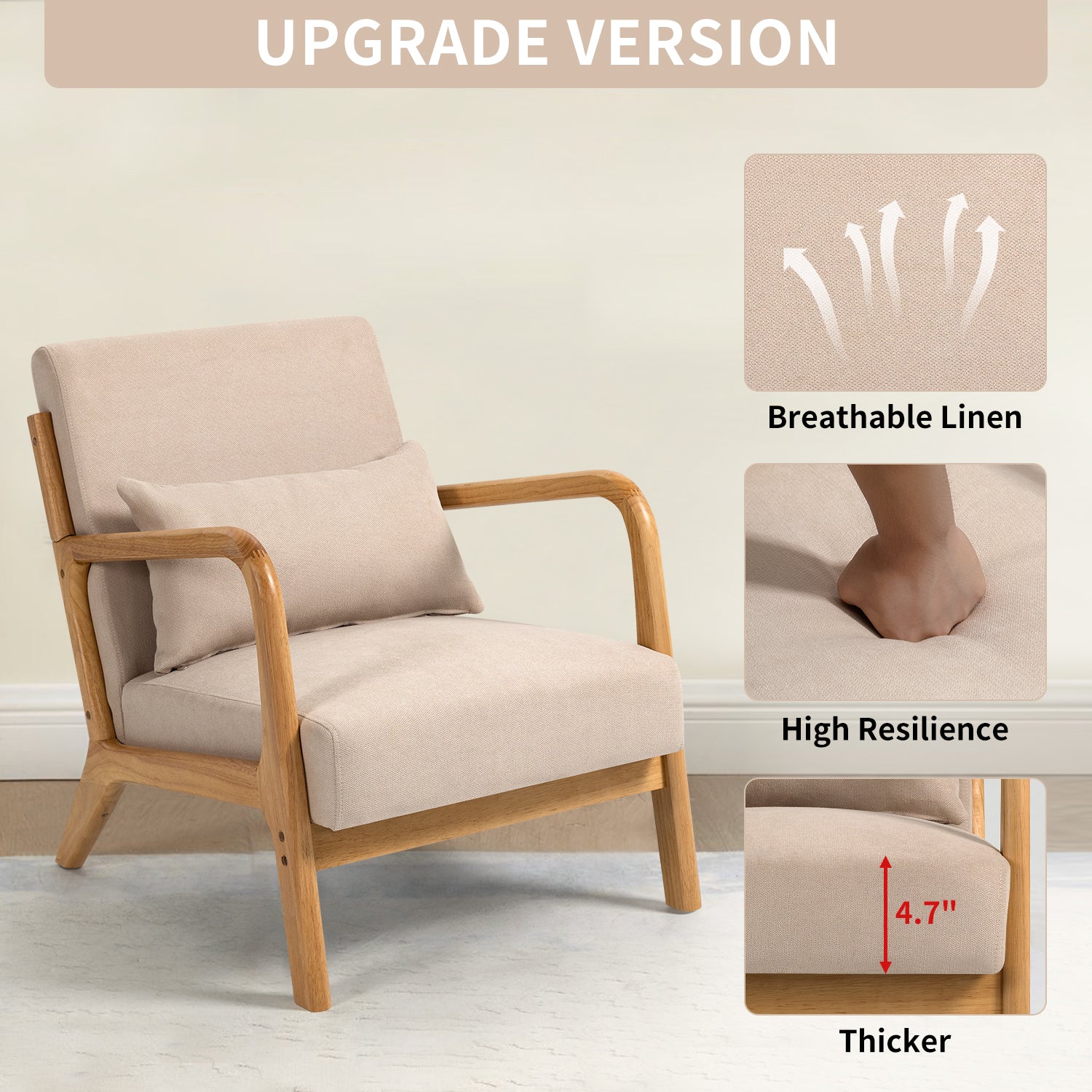 Accent Chair Mid-Century Linen Beige Solid Wood Arms and Legs 23x30x30 In