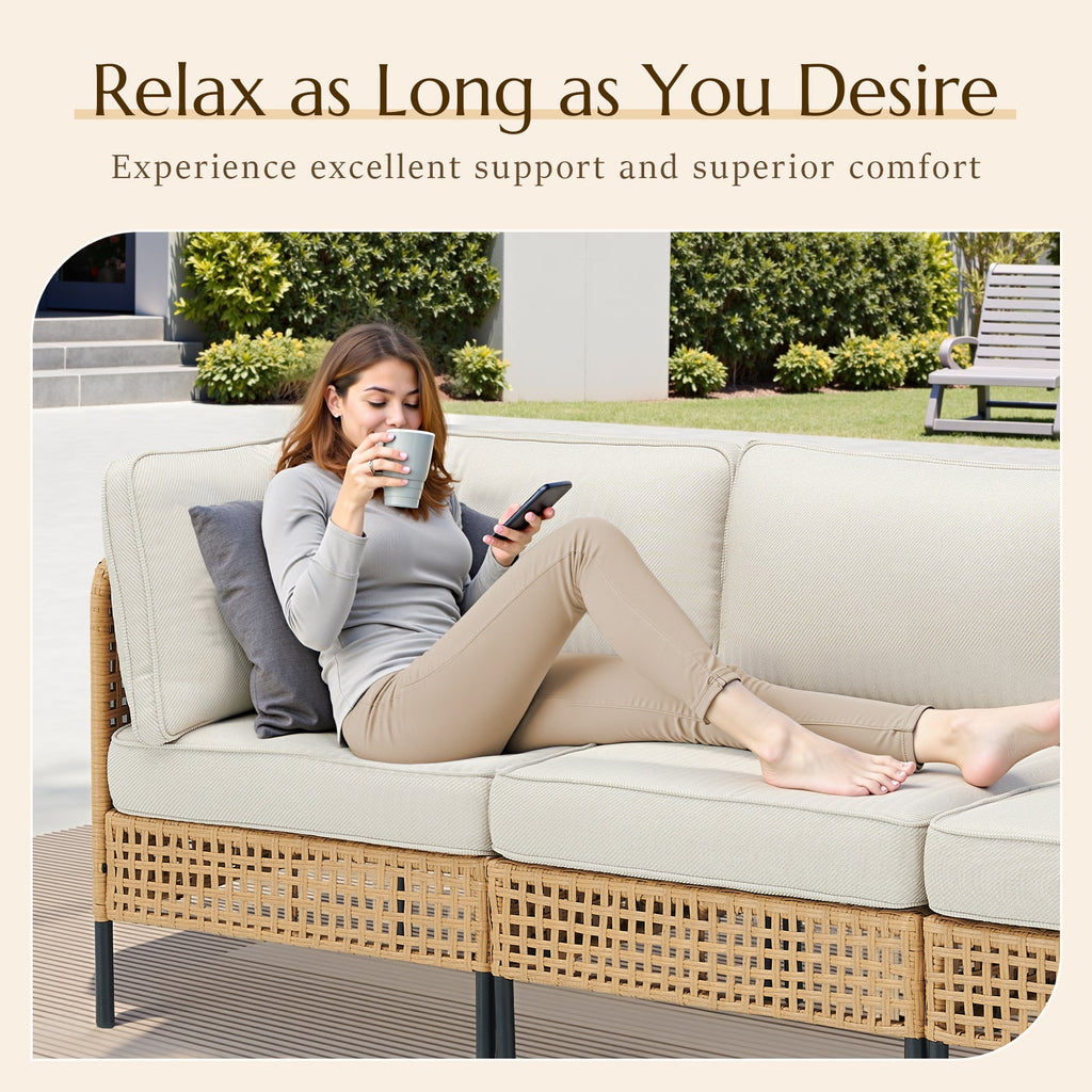 Outdoor Sectional Set Wicker Boho Beige Cushion Modular