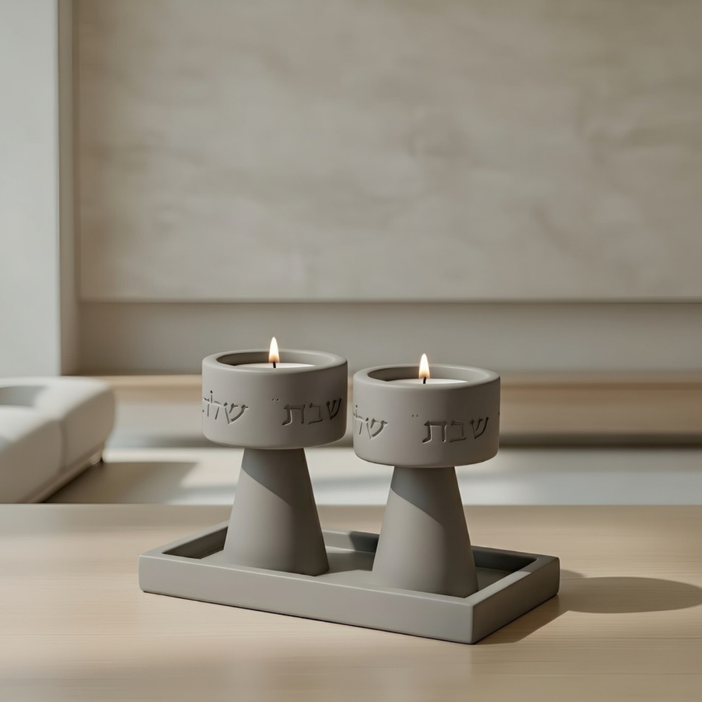 Classic set of Shabbat Candle Holders and a designed concrete tray - Timeless Glow Series