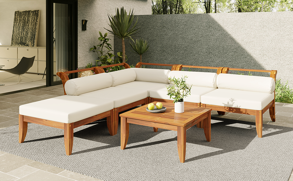 Outdoor Patio Set L-Shape Acacia Wood Teak Beige Cushions 6 Piece