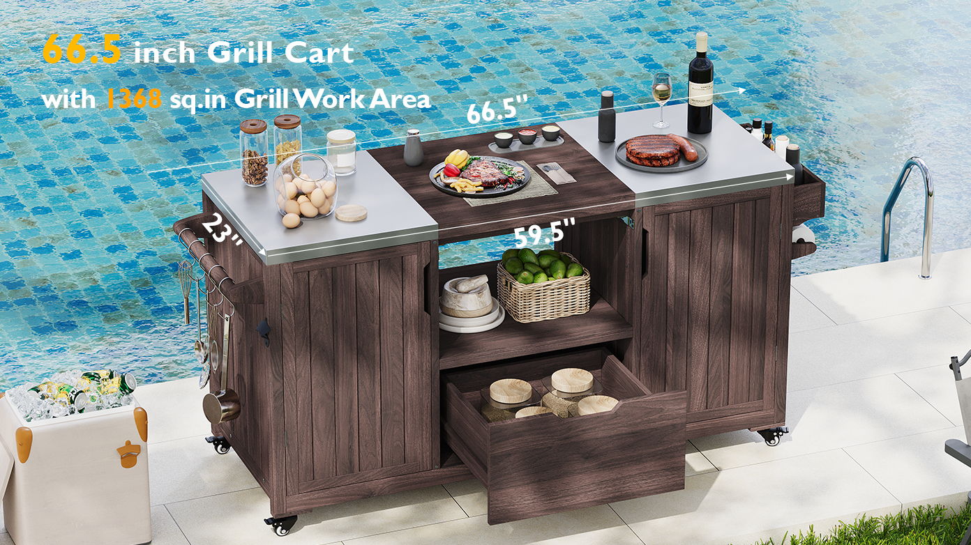 Outdoor Kitchen Island Grill Cart Fir Wood Stainless Steel 66.5