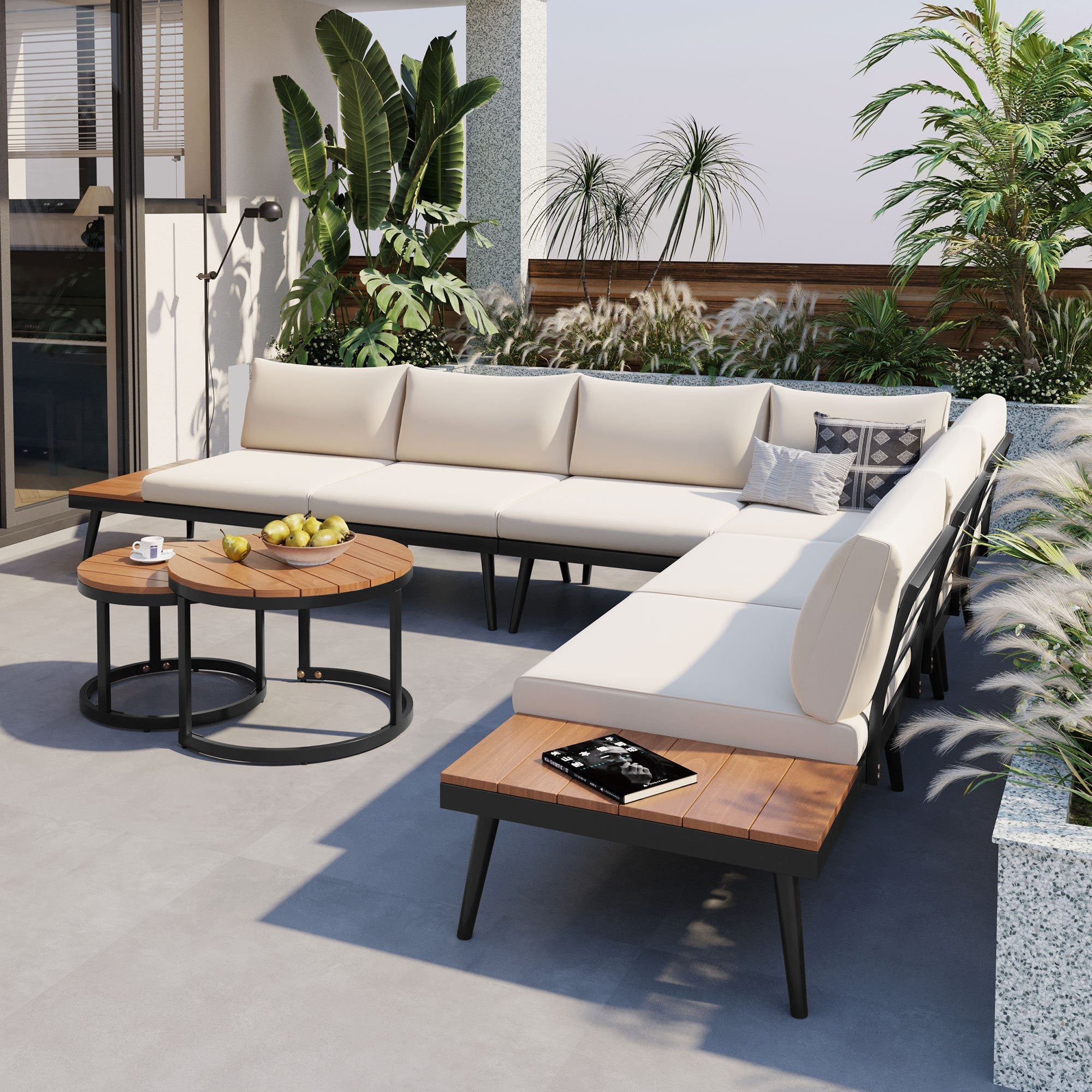 Outdoor Sectional Set Acacia Wood Steel Beige Cushion 6 Piece Seats 5