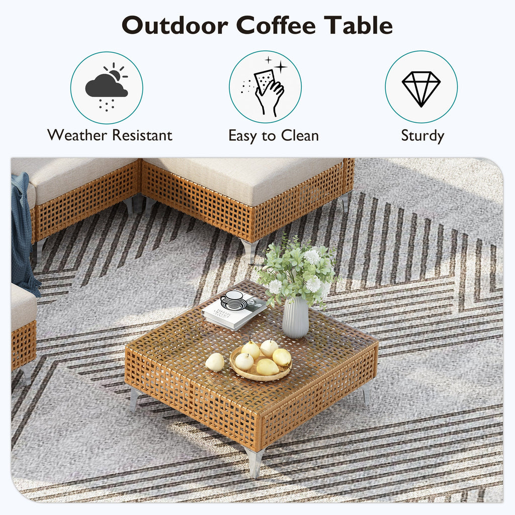 Outdoor Patio Sectional Set Rattan Metal Beige 7 Piece Tempered Glass