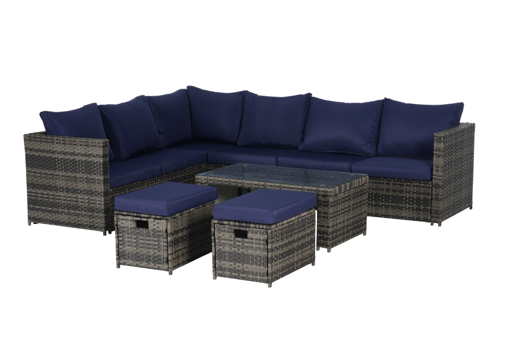 Outdoor Patio Rattan Set 6 Piece Seats 8 Dark Blue