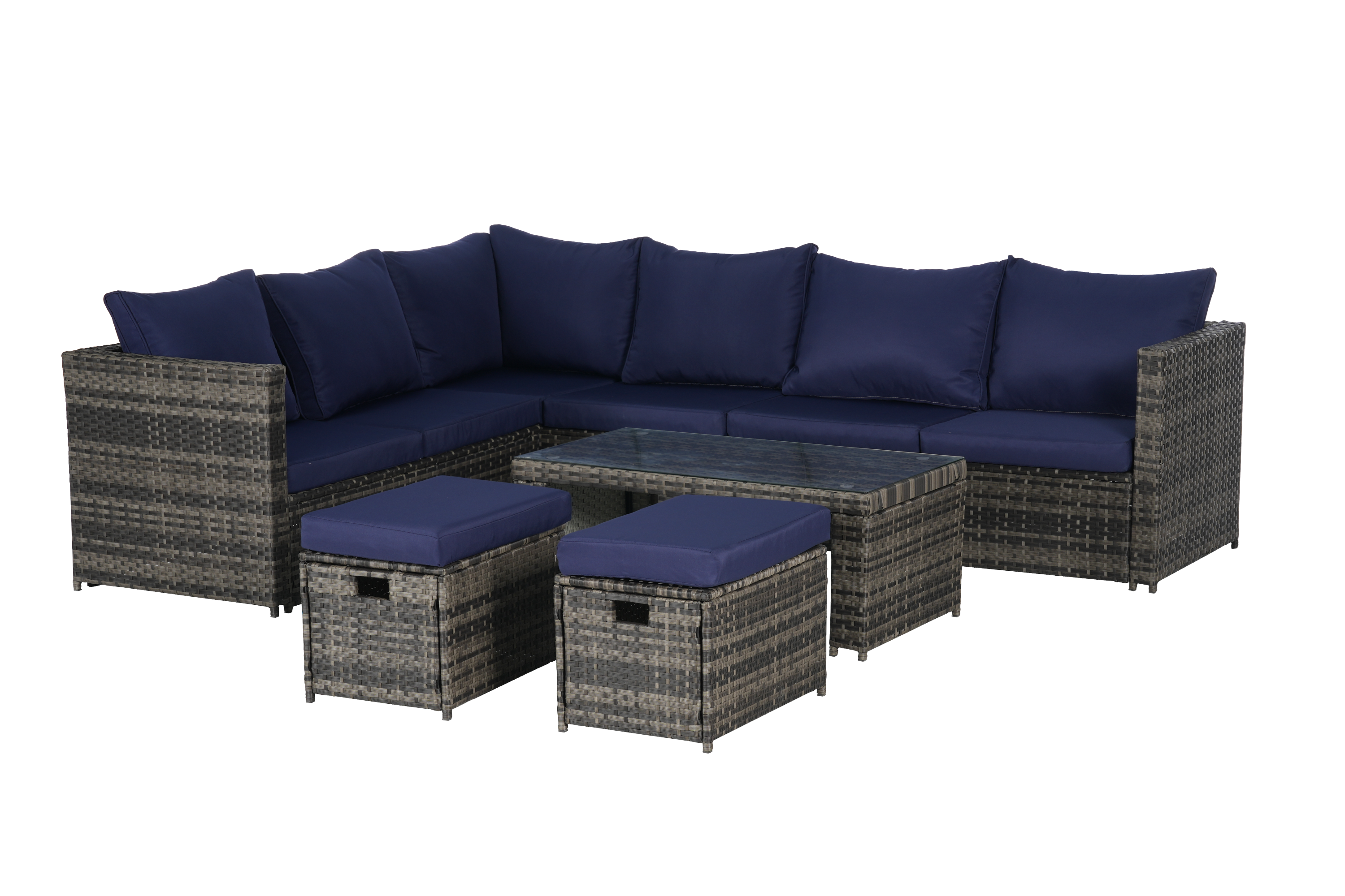 Outdoor Patio Rattan Set 6 Piece Seats 8 Dark Blue