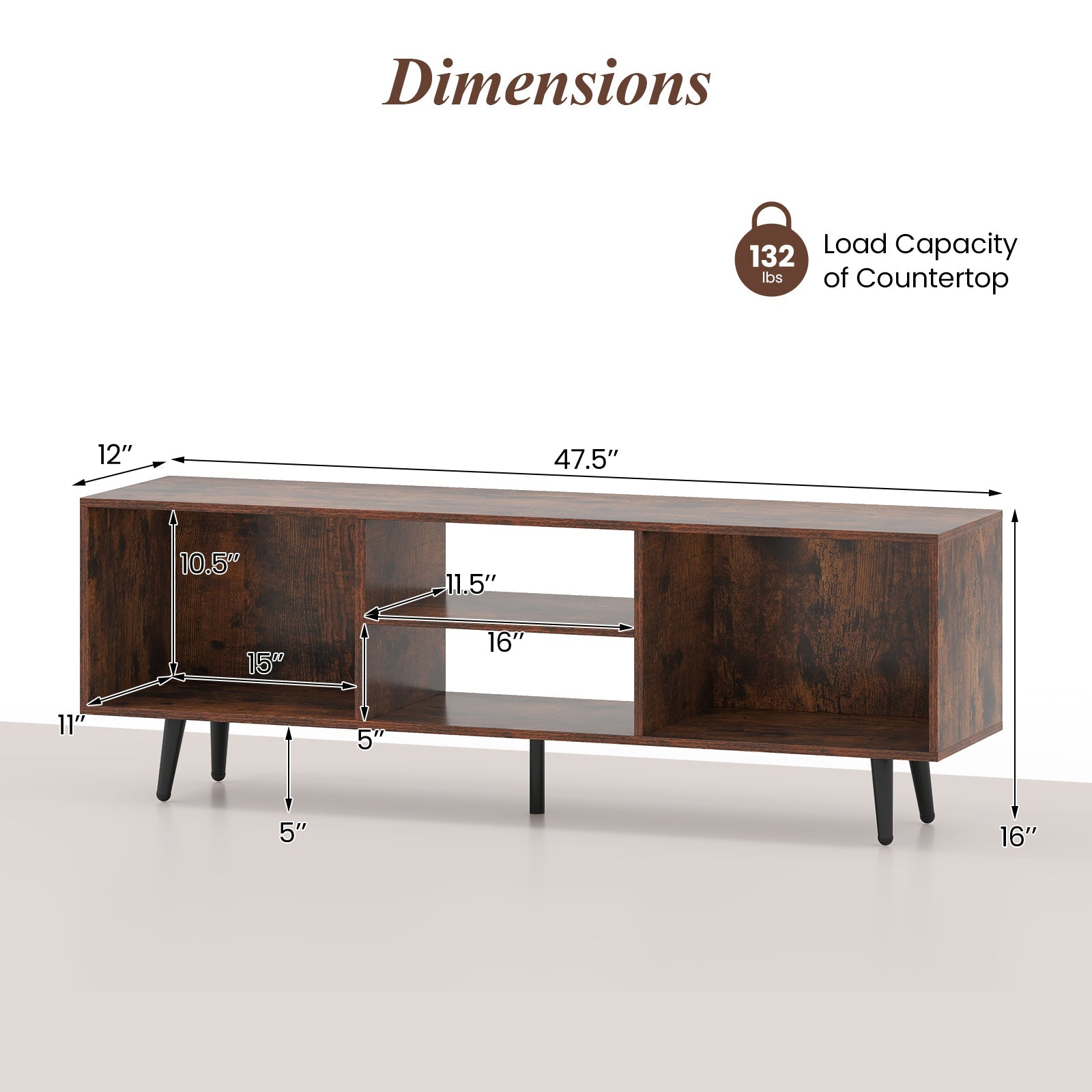 47.5 Inches TV Stand for 55-Inch TV with Compartments and Metal Legs