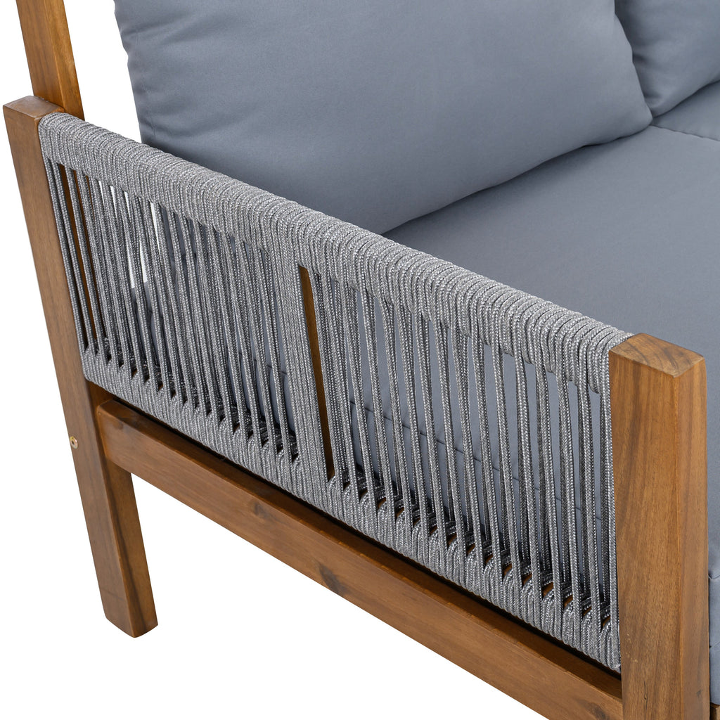 Chaise Lounge Acacia Wood Rope Natural Gray Cushion Convertible 3 Seat