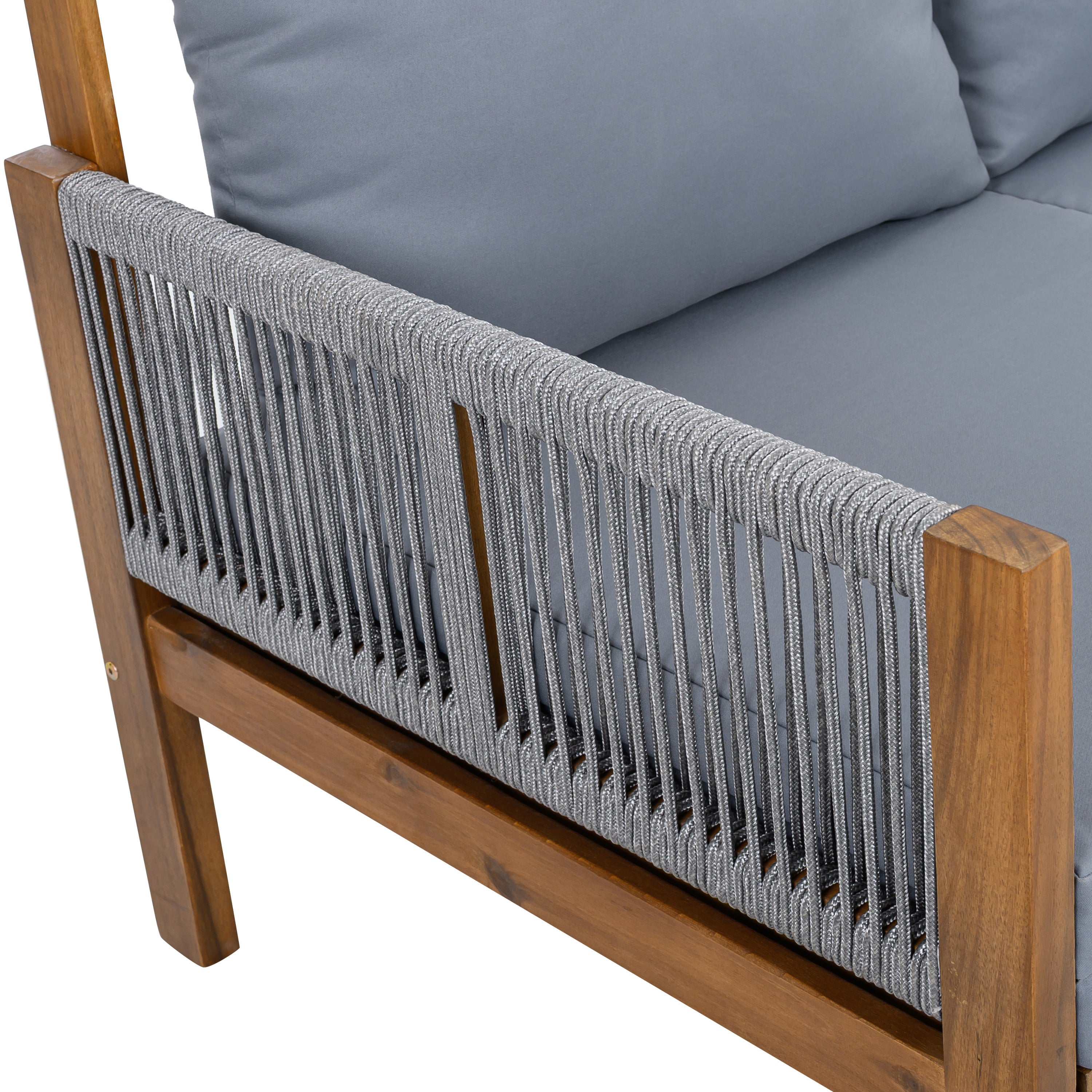 Chaise Lounge Acacia Wood Rope Natural Gray Cushion Convertible 3 Seat
