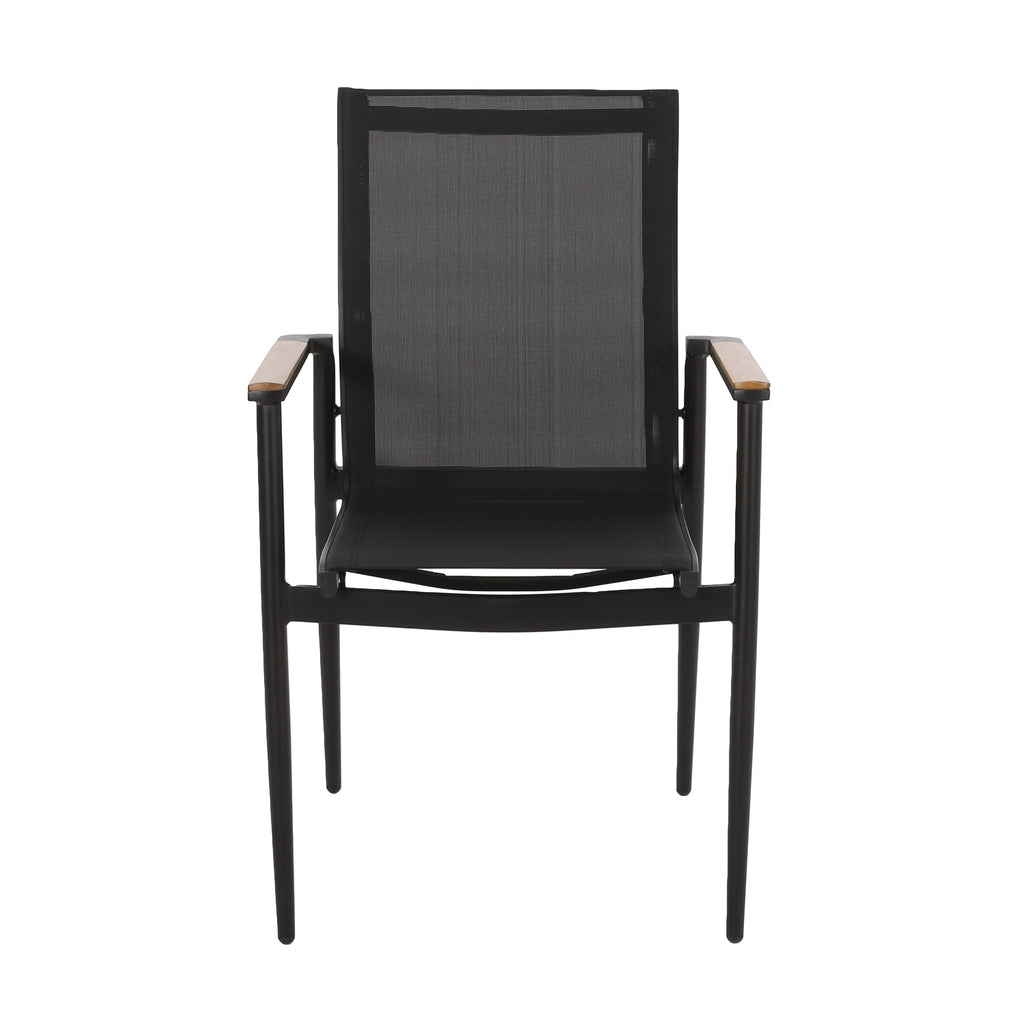 Dining Chair Outdoor Aluminum Mesh Black Natural Faux Wood Accent 22x25x36 In