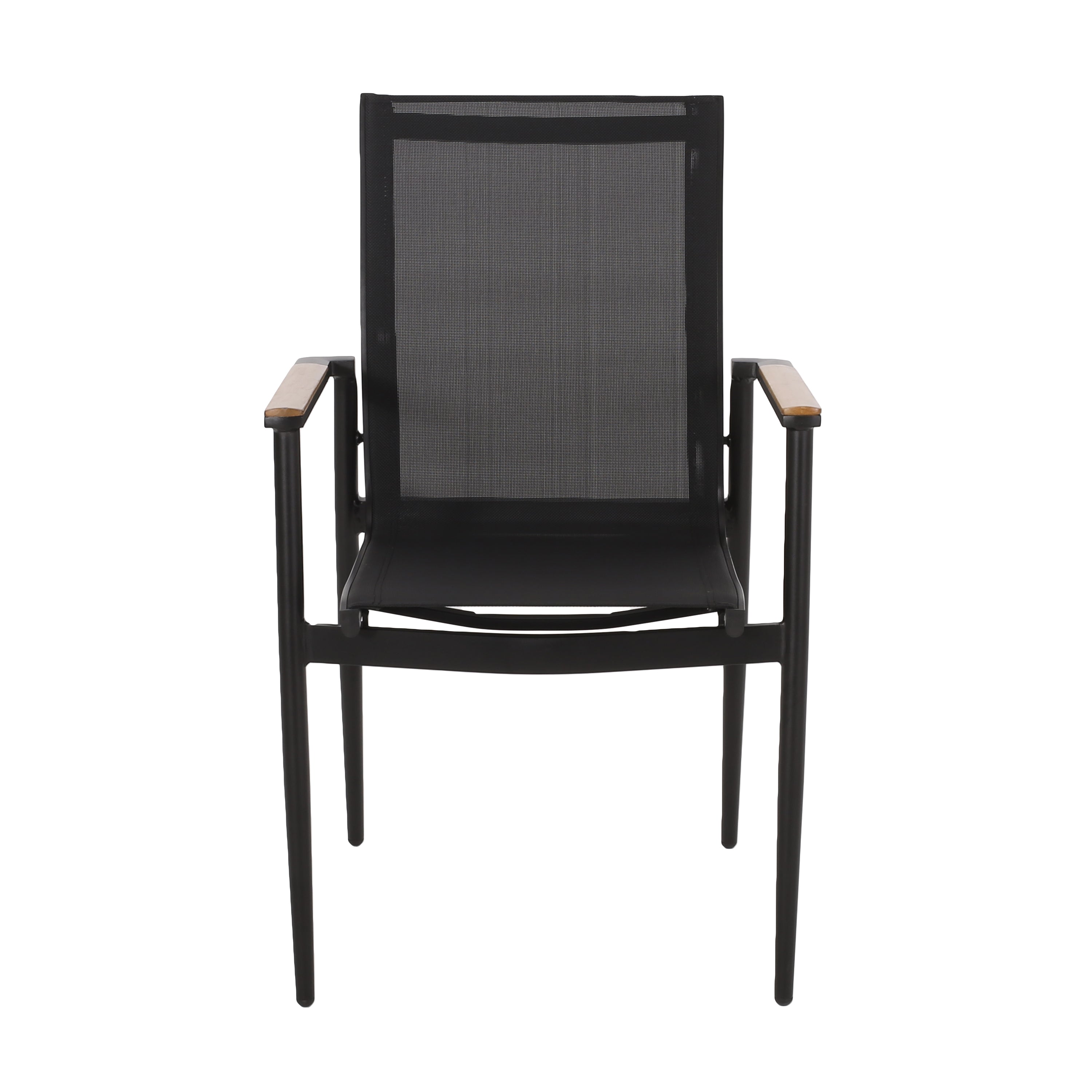 Dining Chair Outdoor Aluminum Mesh Black Natural Faux Wood Accent 22x25x36 In
