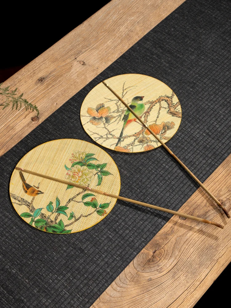 Handmade Bamboo and Silk Round Fan with Japanese & Chinese Art