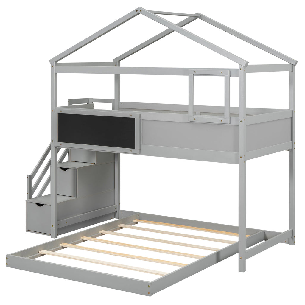 Twin over Full House Bunk Bed with Storage Staircase and Blackboard Gray