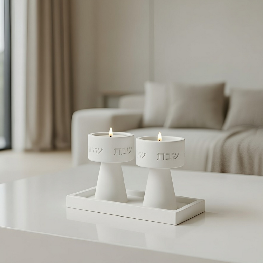 Classic set of Shabbat Candle Holders and a designed concrete tray - Timeless Glow Series