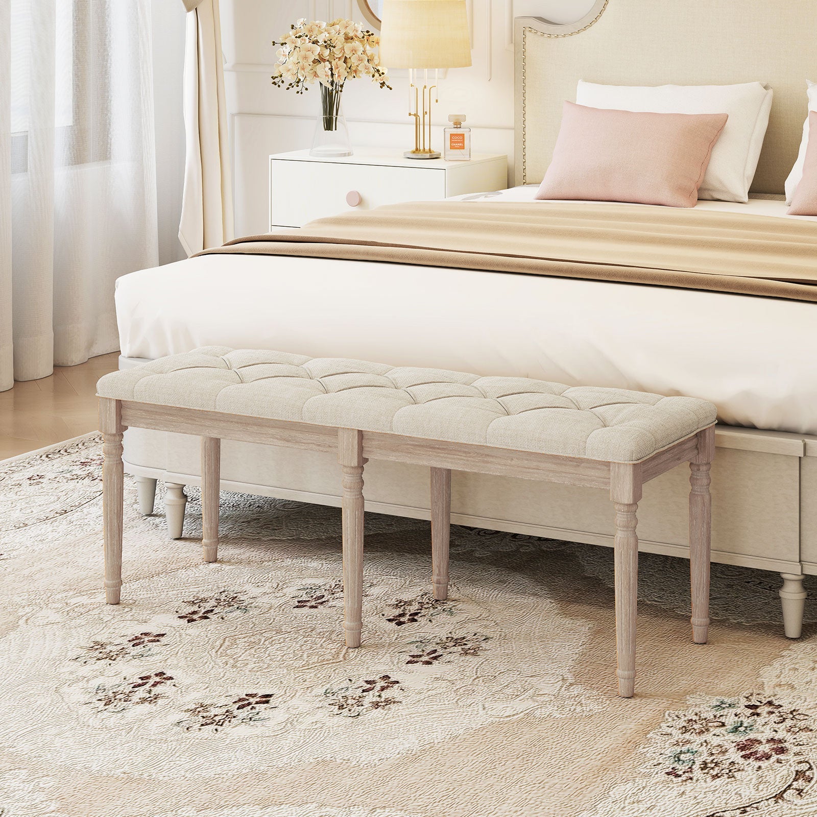 47.5 Inch Upholstered Bench with Carved Rubber Wood Legs and Padded Seat-Beige