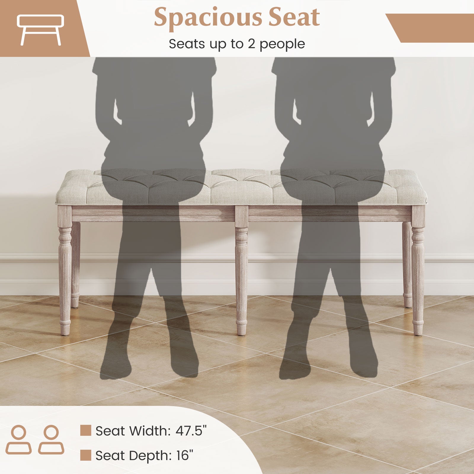 47.5 Inch Upholstered Bench with Carved Rubber Wood Legs and Padded Seat-Beige