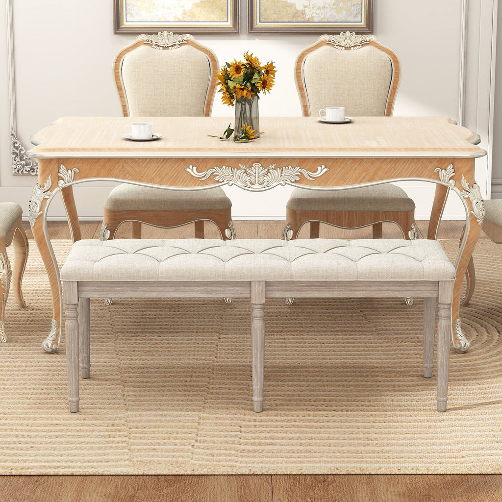 47.5 Inch Upholstered Bench with Carved Rubber Wood Legs and Padded Seat-Beige