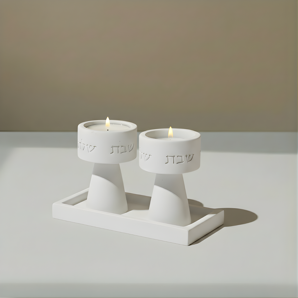 Traditional Shabbat Candle Holders with Contemporary Concrete Tray - Timeless Glow Series