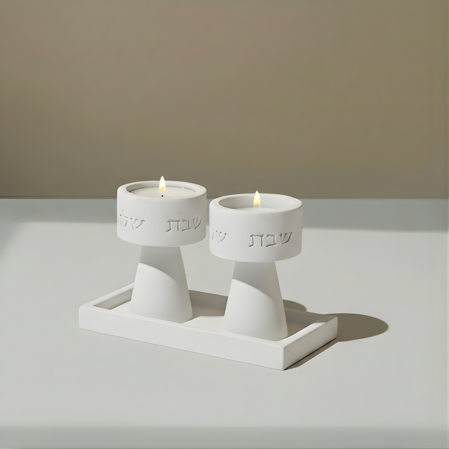 Traditional Shabbat Candle Holders with Contemporary Concrete Tray - Timeless Glow Series
