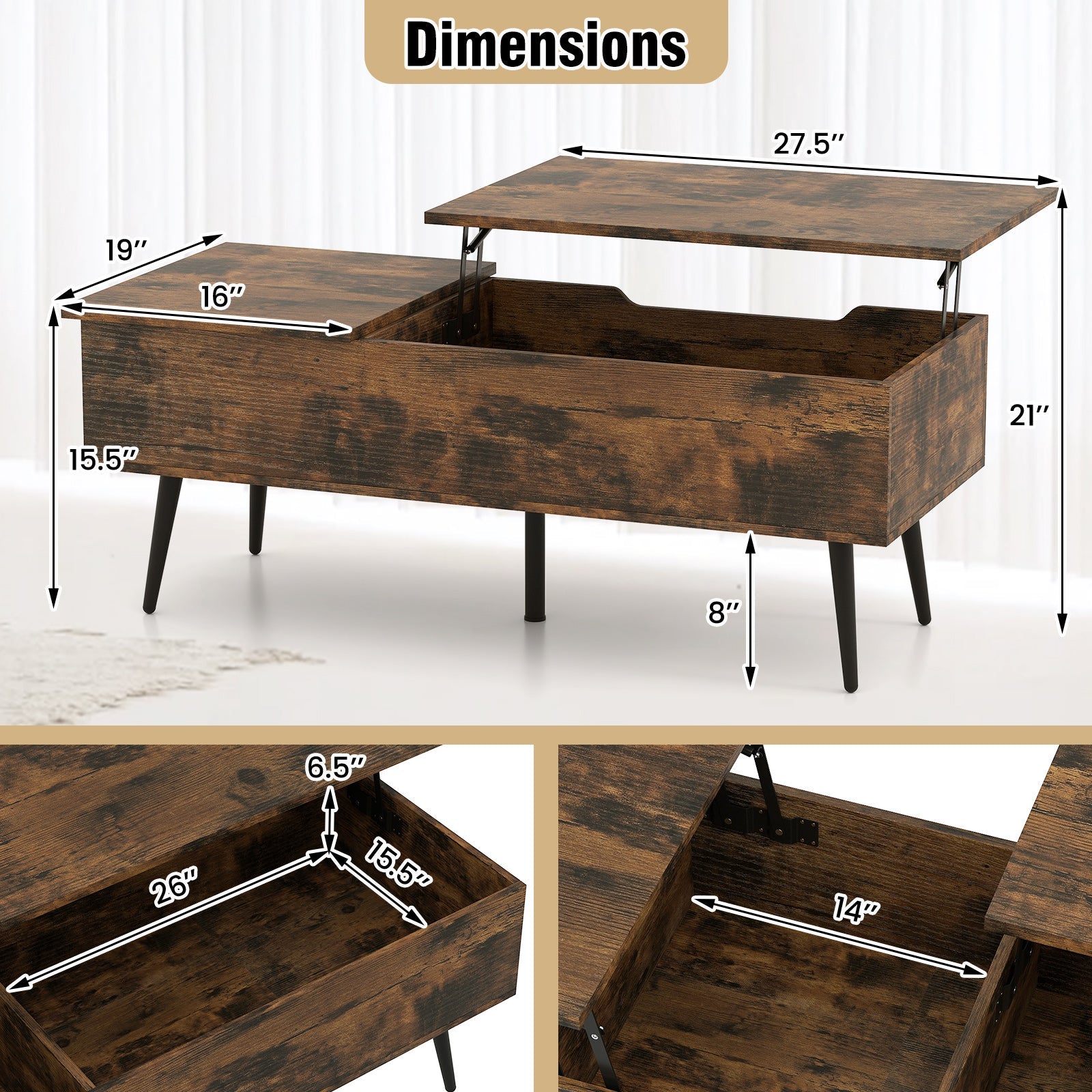47 Inch Lift Top Coffee Table with 2 Hidden Compartments