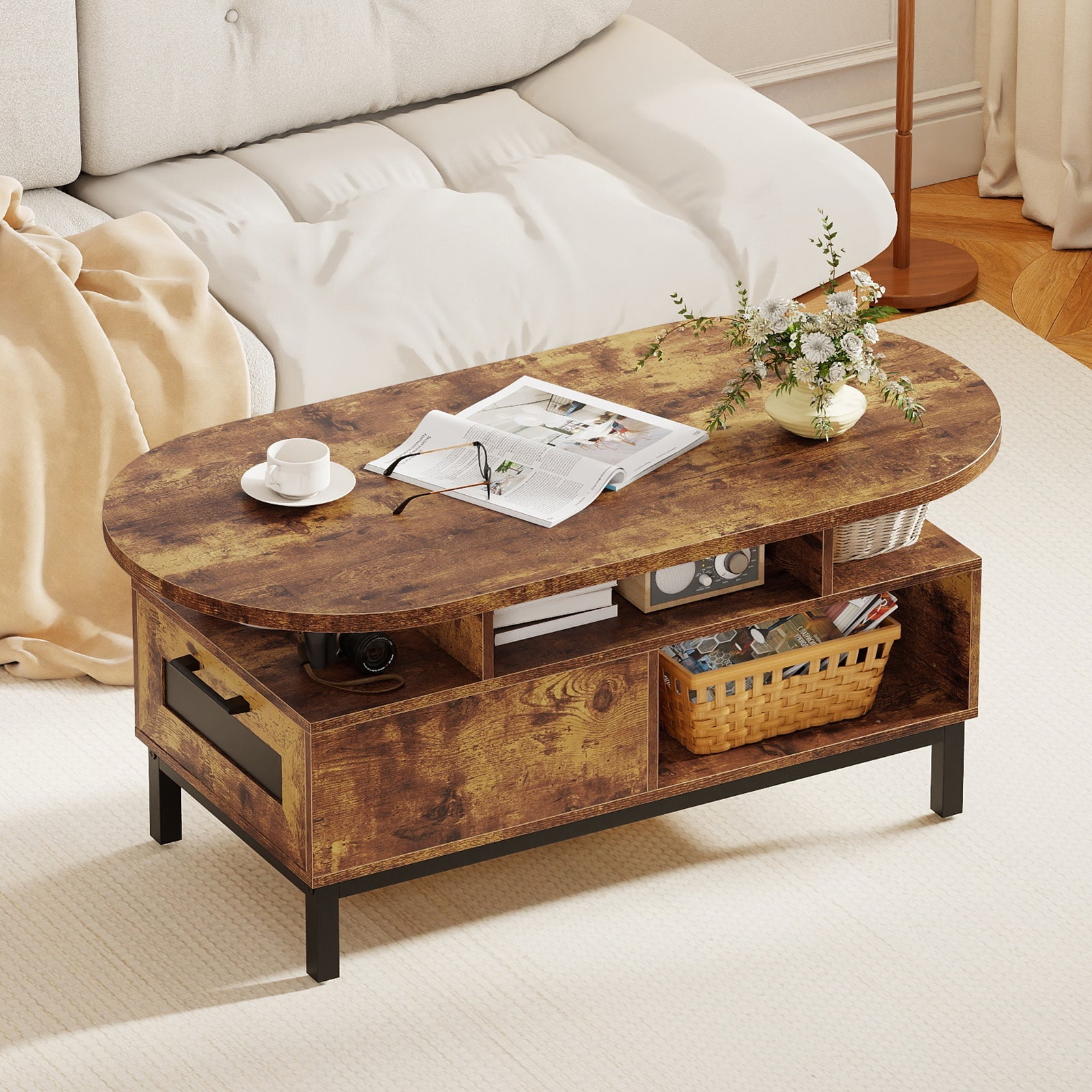 47 Inch Oval Coffee Table with Storage and Open Compartments for Living Room