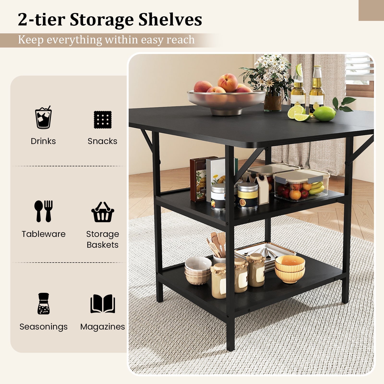 47 Inch Rectangular Dining Table with 2 Open Storage Shelves and Sturdy Metal Legs for 4-6
