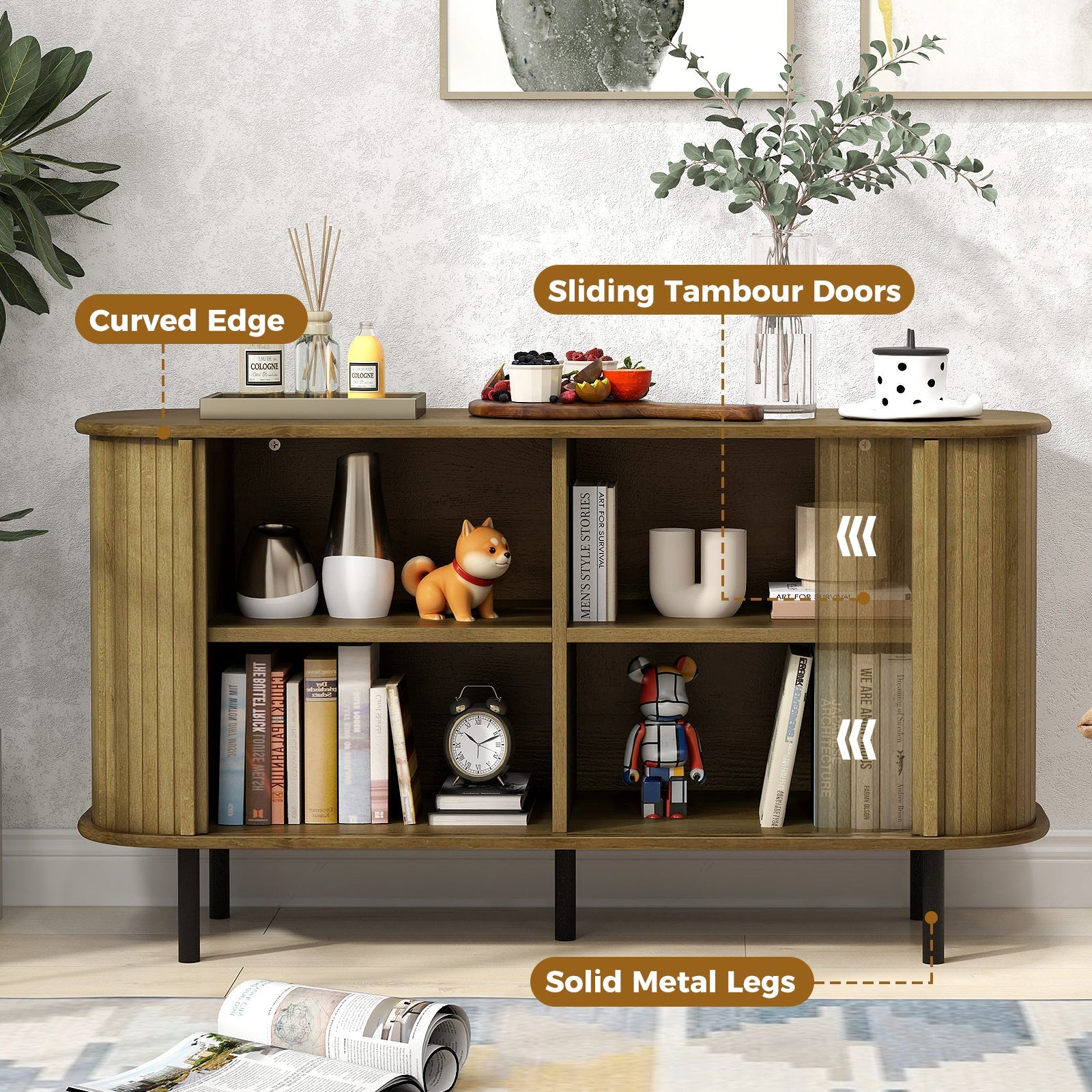 47 Inch Sideboard Buffet Cabinet with Adjustable Shelves for Kitchen Dining Room Living Room Entryway-Oak
