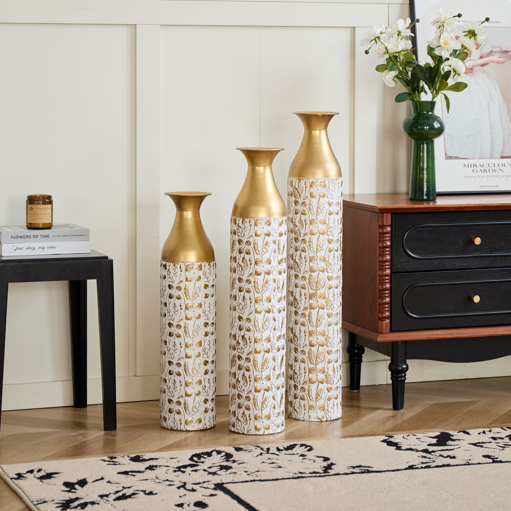 Mother's Day Gift Set Gilded White 3D Relief Flower Metal Vase Set - White / Gold