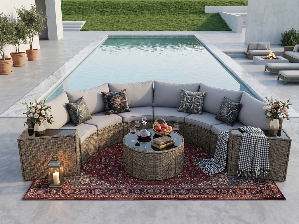 Outdoor Sectional Set PE Rattan Steel Light Gray Half Moon 9 Piece 380 LB