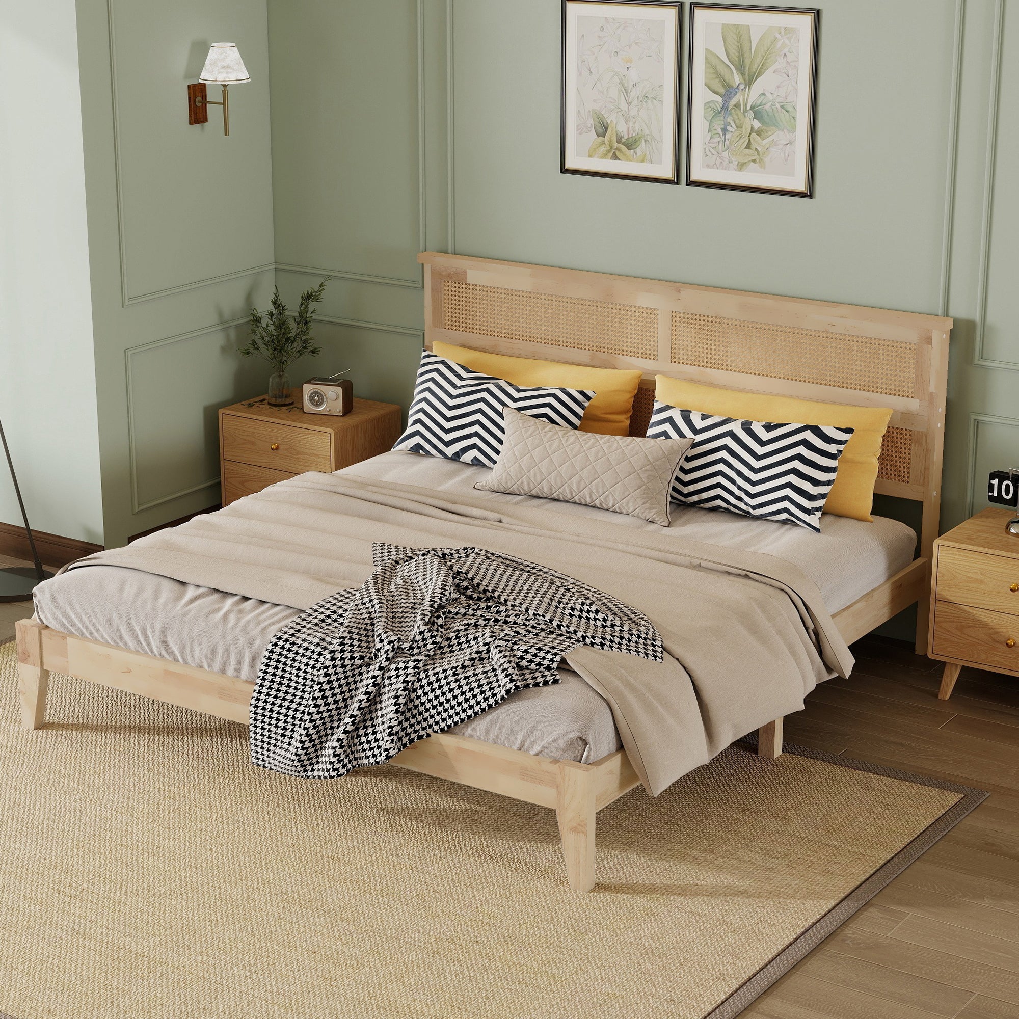 King Size Solid Wood Bed with Rattan Headboard, Rubber Wood Bed with Central