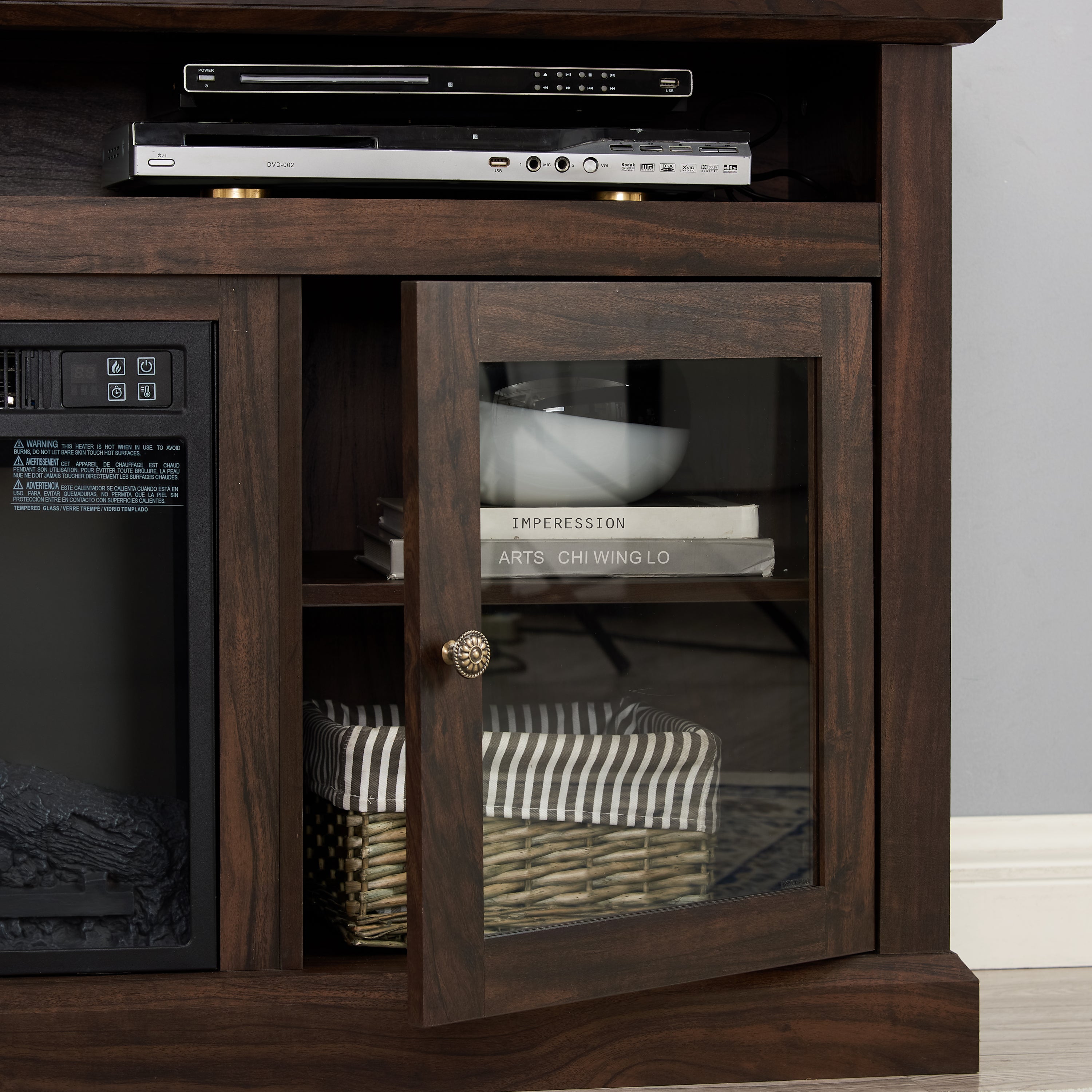 TV Stand Fireplace American Traditional Brown MDF 1400W Fits 65 In TV 60 In