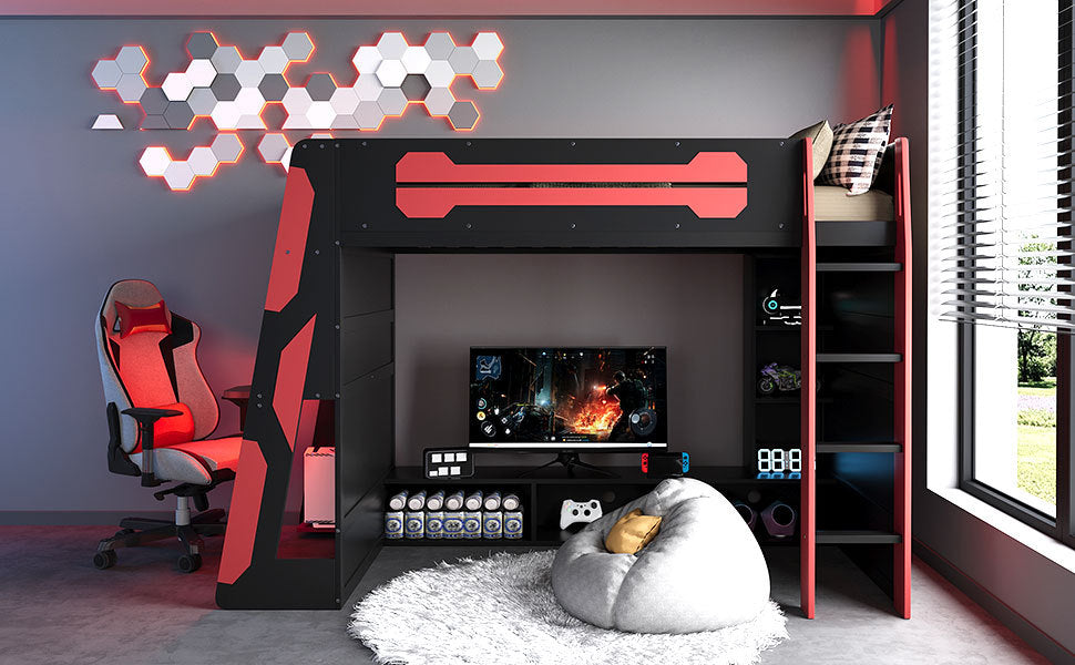 Twin Size Wood Loft Bed with Desk, Multi-storage Shelves and RGB Light, Red