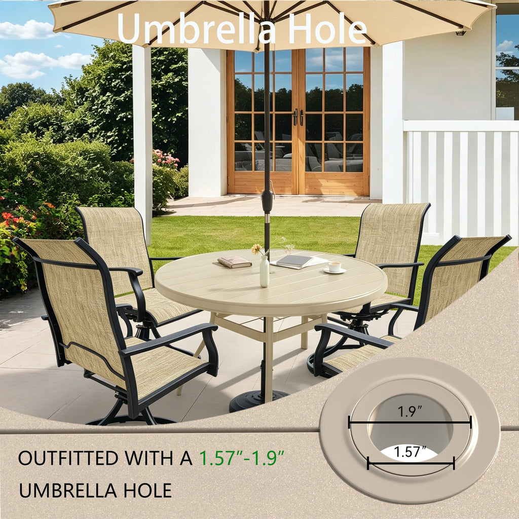 Outdoor Dining Set Round Table Umbrella Hole 4 Swivel Chairs Steel
