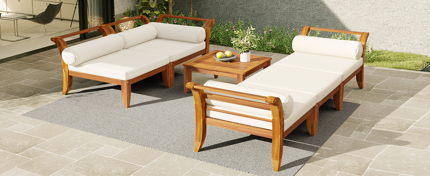 Outdoor Patio Set L-Shape Acacia Wood Teak Beige Cushions 6 Piece