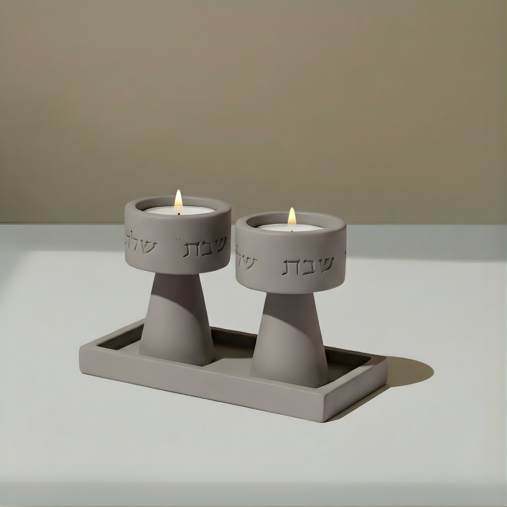 Classic set of Shabbat Candle Holders and a designed concrete tray - Timeless Glow Series